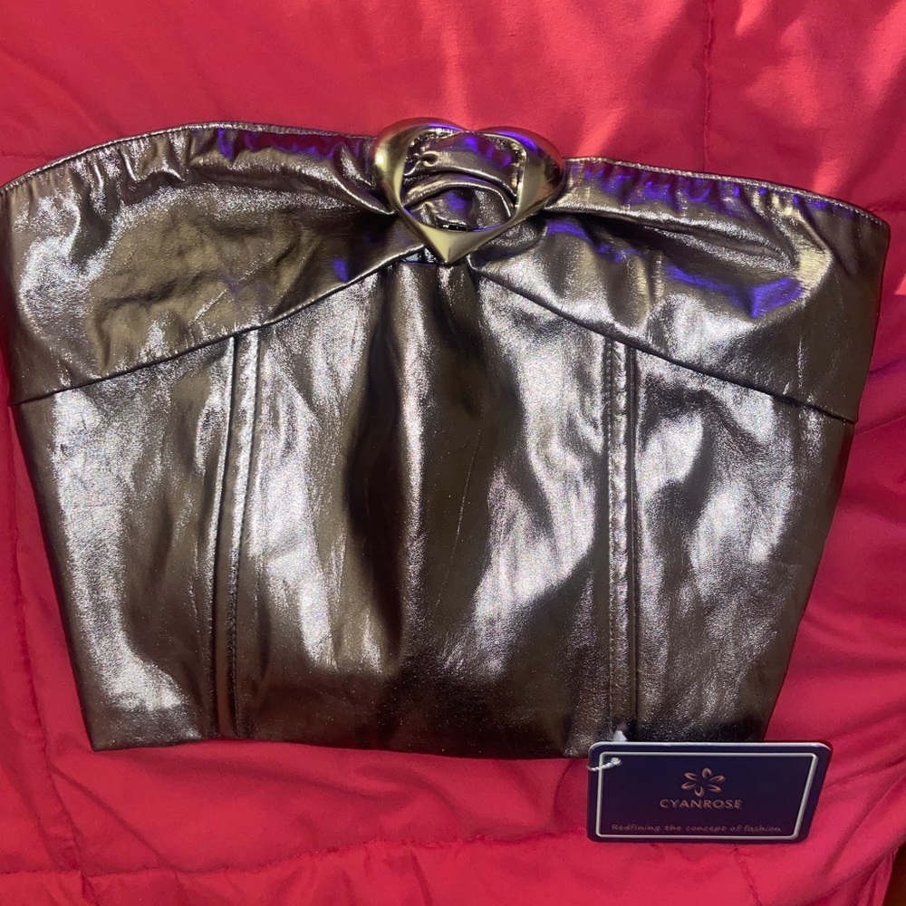 Silver metallic zip up Tube Top with silver heart detailing on chest